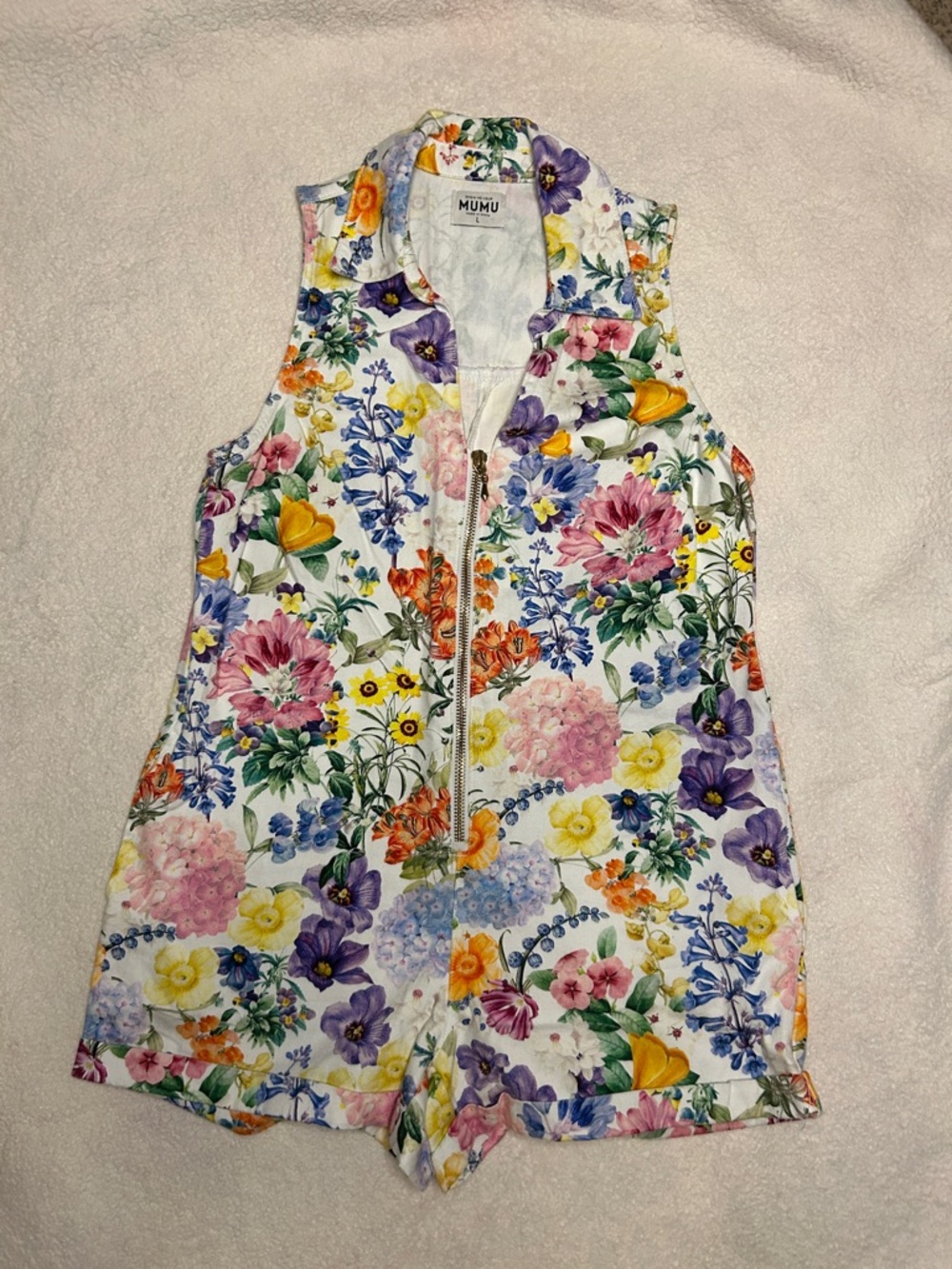 Show Me Your MuMu White Floral Zip-Front Tank Romper with Multi-Color Blooms